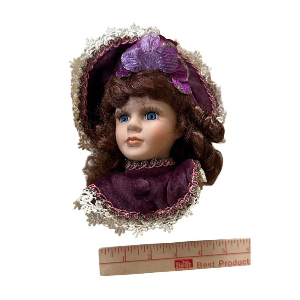 DanDee Vintage Victorian Porcelain Doll Head Christmas Ornaments Set of 2 Purple